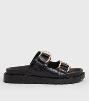 New Look Black Faux Croc Double Buckle Chunky Sliders